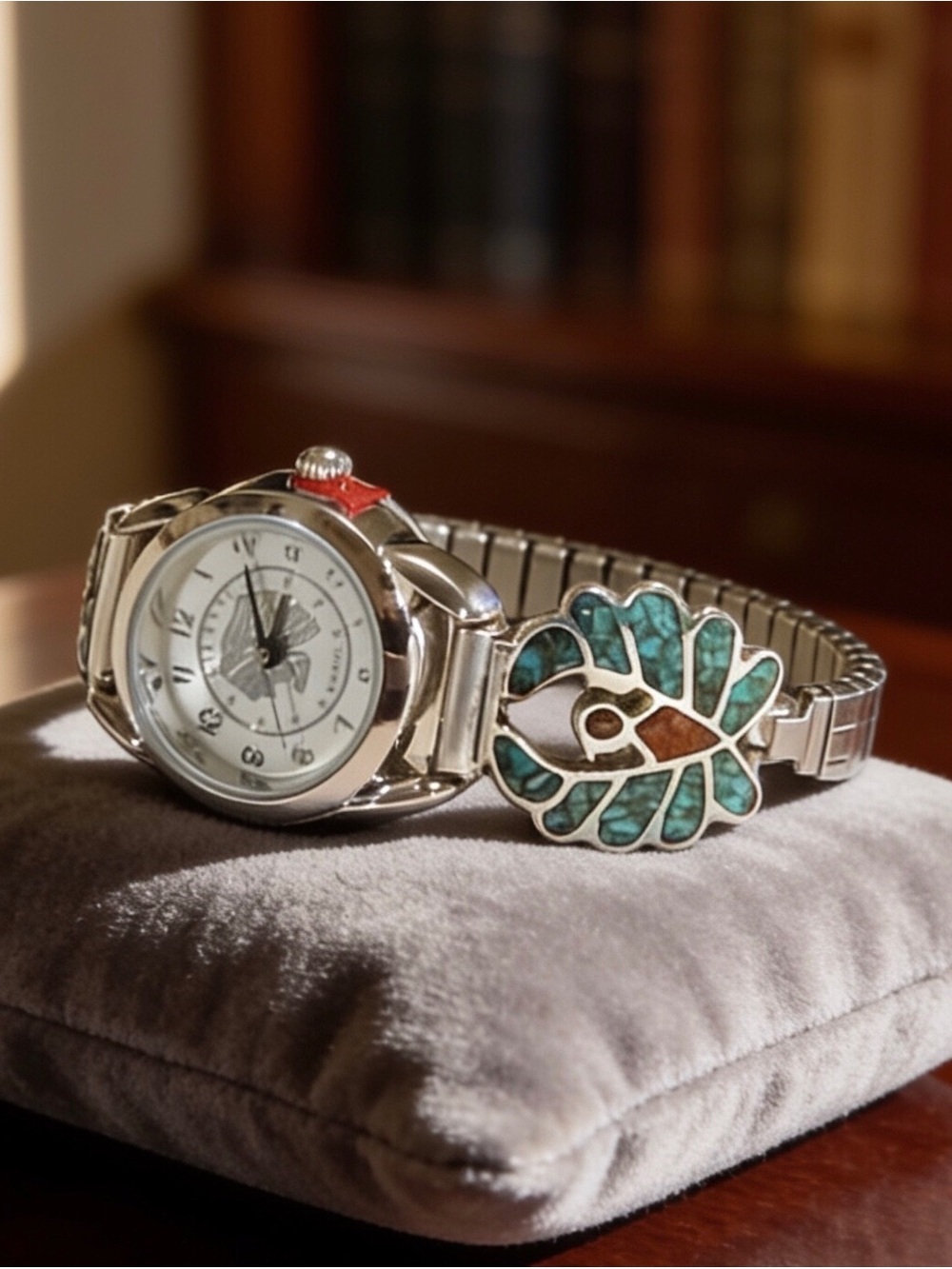Ladies VTG Silver Navajo Turquoise/Coral Thunderbird Tips New Indian Head Watch